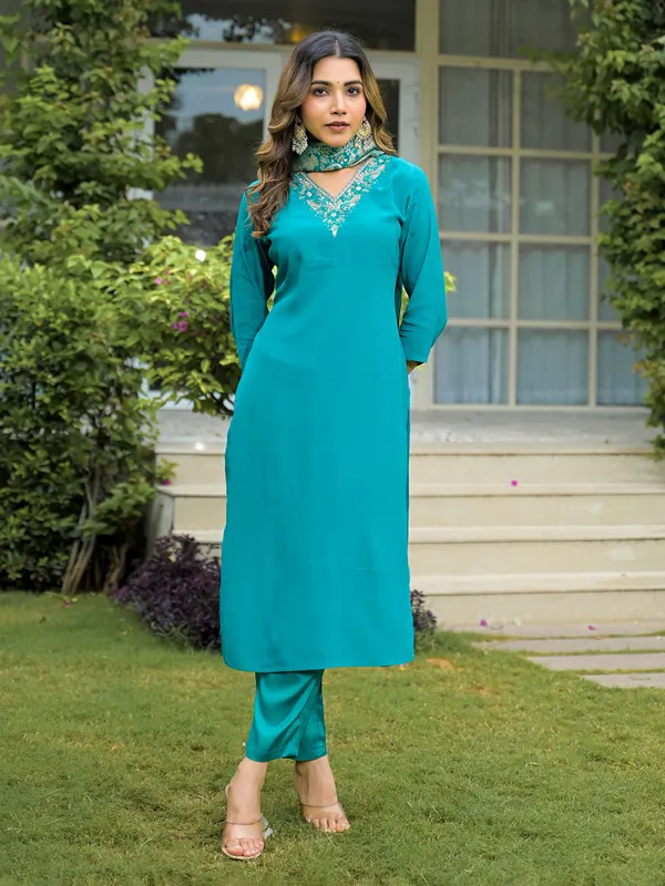 Blue silk festive kurti set with stone work