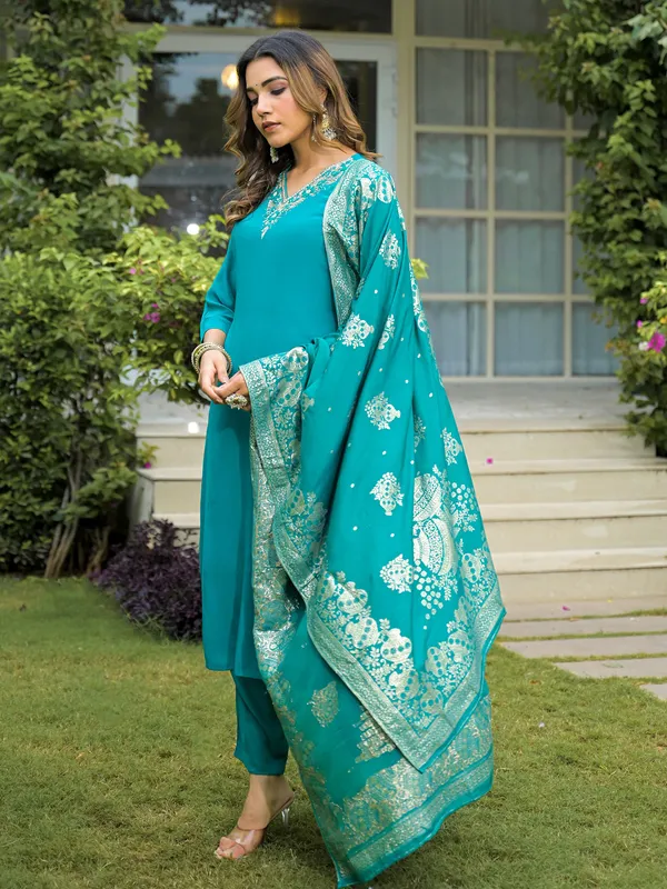 Blue silk festive kurti set with stone work