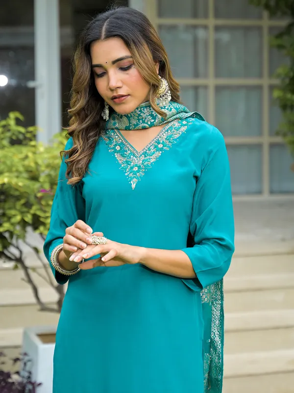 Blue silk festive kurti set with stone work