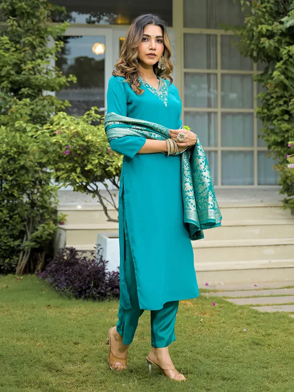 Blue silk festive kurti set with stone work