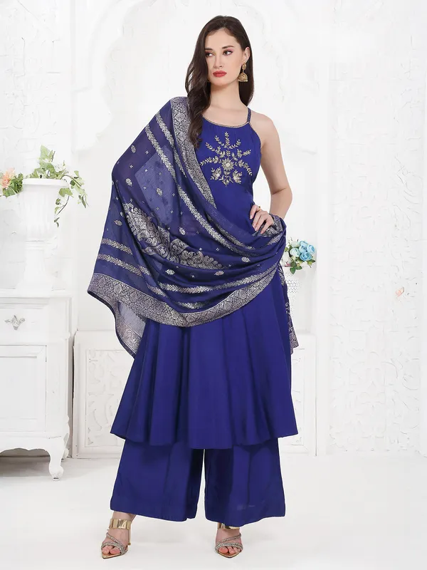 Blue silk festive wear palazzo kurti set