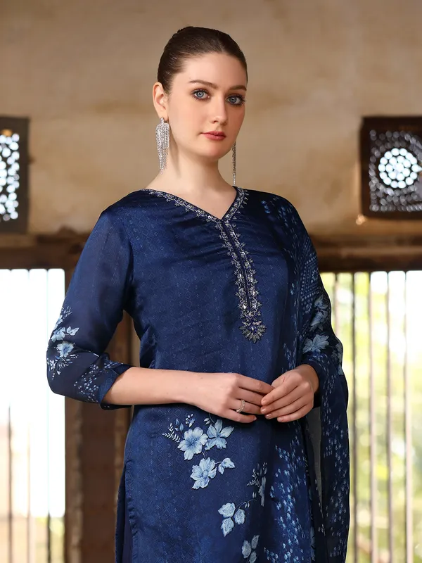 Blue silk floral printed kurti festive ensemble