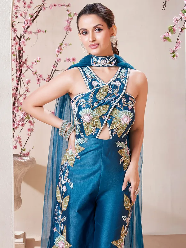 Blue silk jumpsuit with dupatta for party