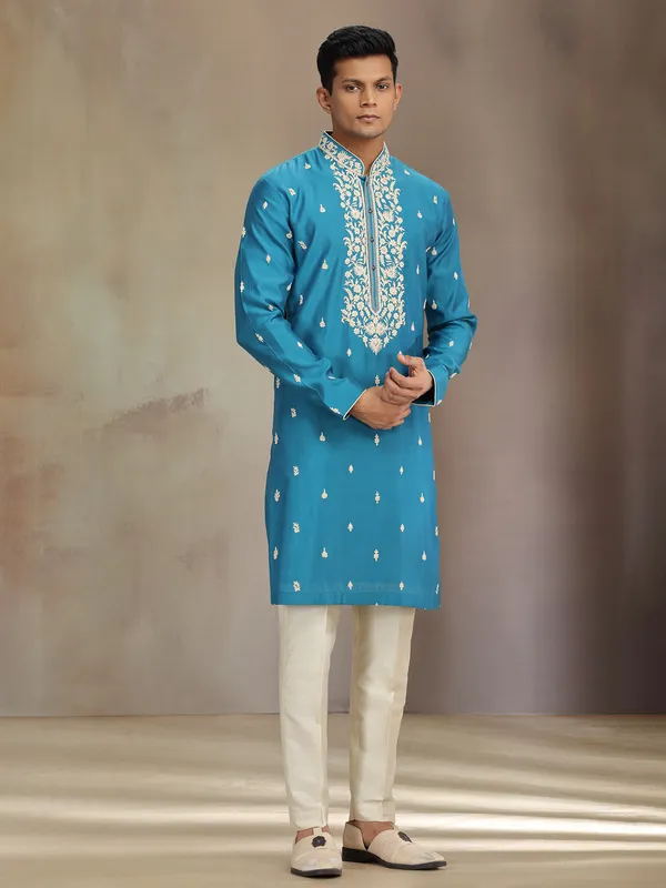 Blue jaquard silk kurta pajama with thread and sequins work