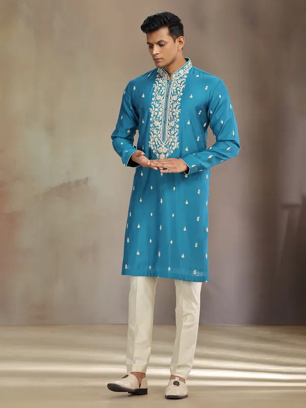 Blue jaquard silk kurta pajama with thread and sequins work