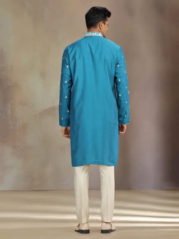Blue jaquard silk kurta pajama with thread and sequins work