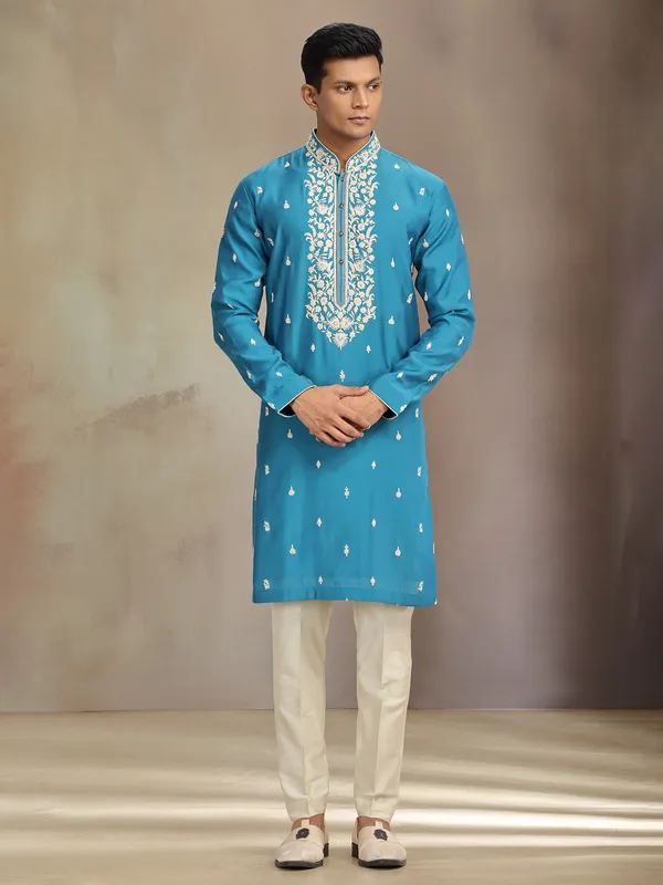 Blue jaquard silk kurta pajama with thread and sequins work