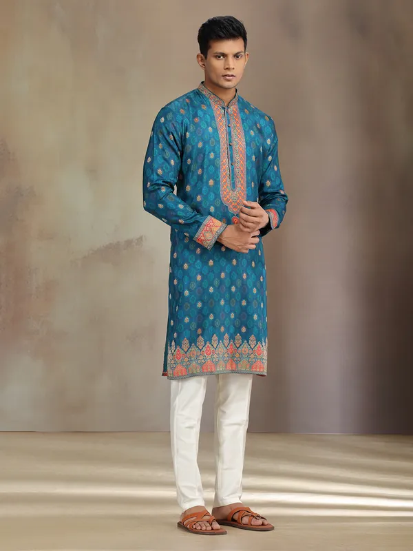Blue jaquard silk kurta pajama with zari weaving