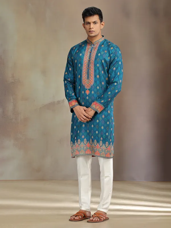 Blue jaquard silk kurta pajama with zari weaving