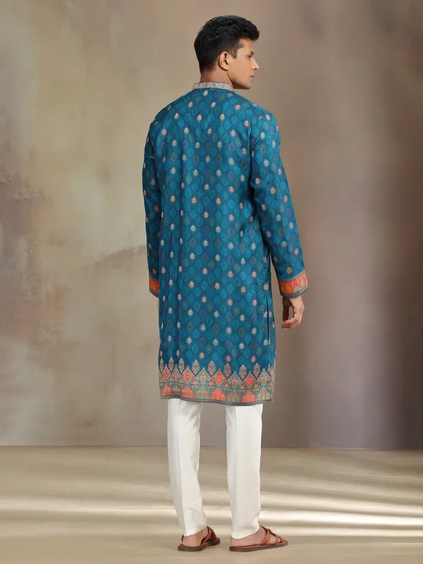 Blue jaquard silk kurta pajama with zari weaving