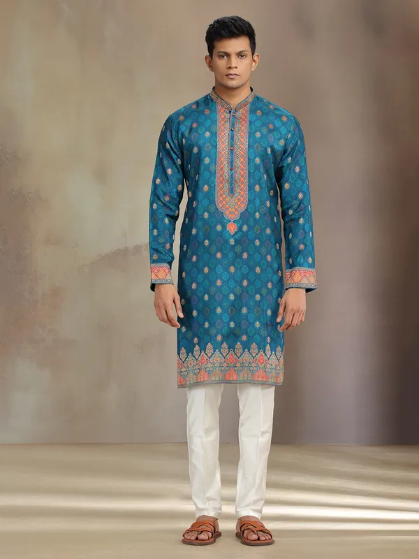 Blue jaquard silk kurta pajama with zari weaving