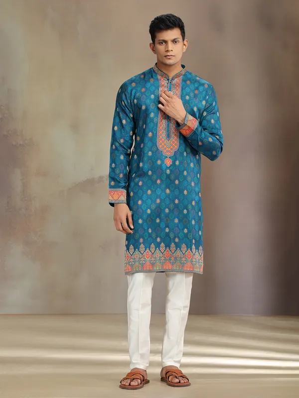 Blue jaquard silk kurta pajama with zari weaving