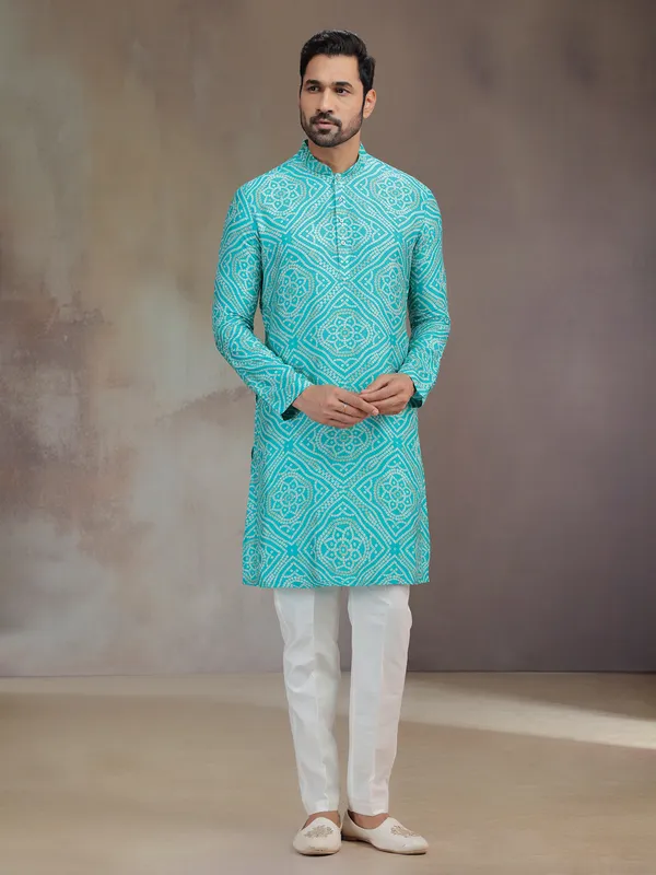 Blue silk kurta suit for men with print
