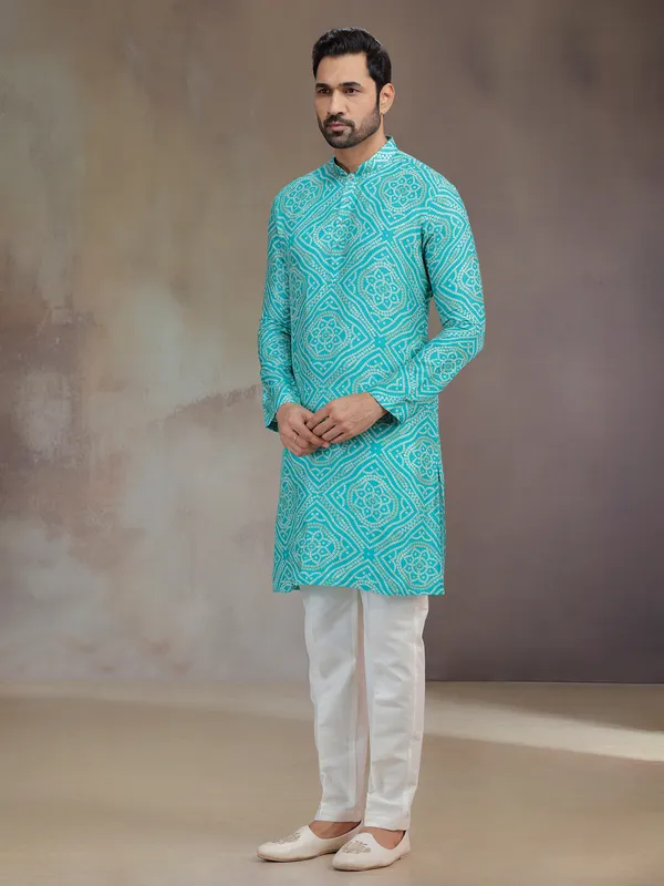 Blue silk kurta suit for men with print