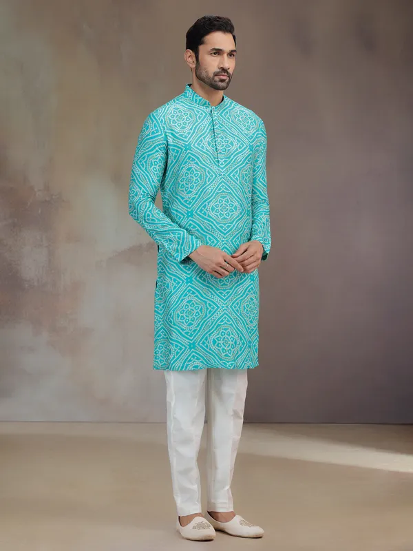 Blue silk kurta suit for men with print