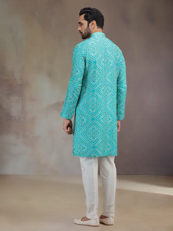 Blue silk kurta suit for men with print