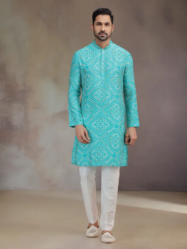 Blue silk kurta suit for men with print