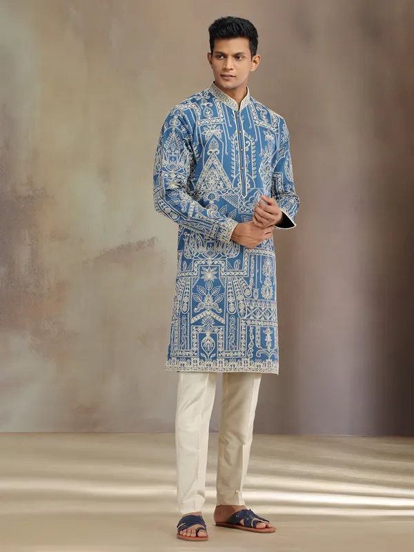 Blue premium silk kurta suit with thread embroidery
