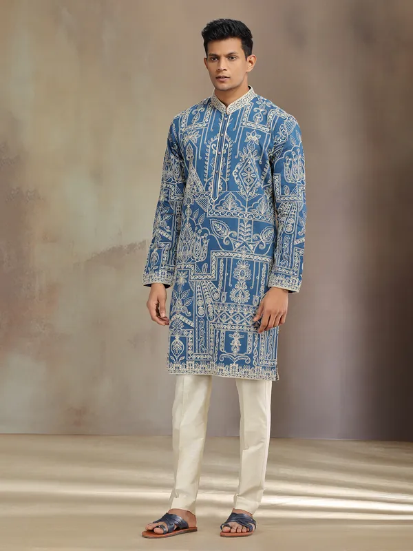 Blue premium silk kurta suit with thread embroidery