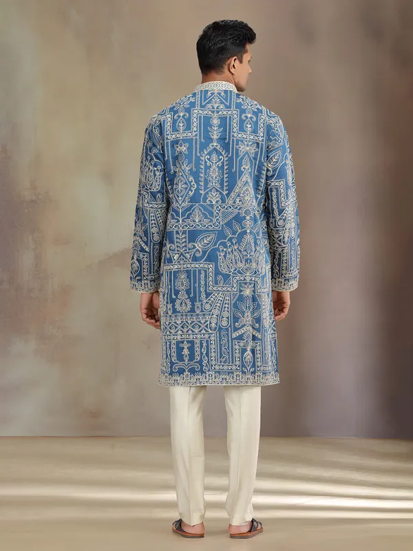 Blue premium silk kurta suit with thread embroidery