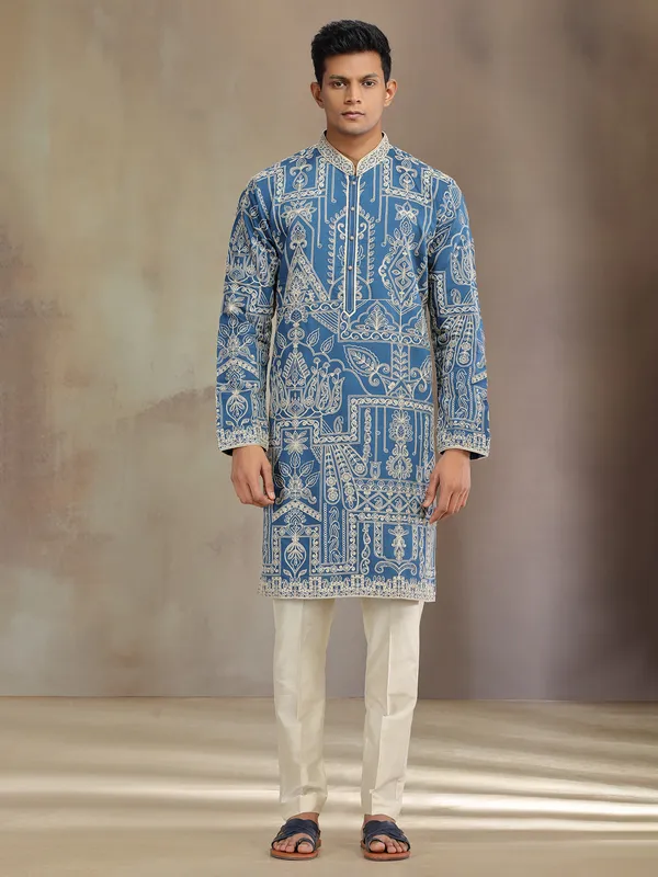 Blue premium silk kurta suit with thread embroidery