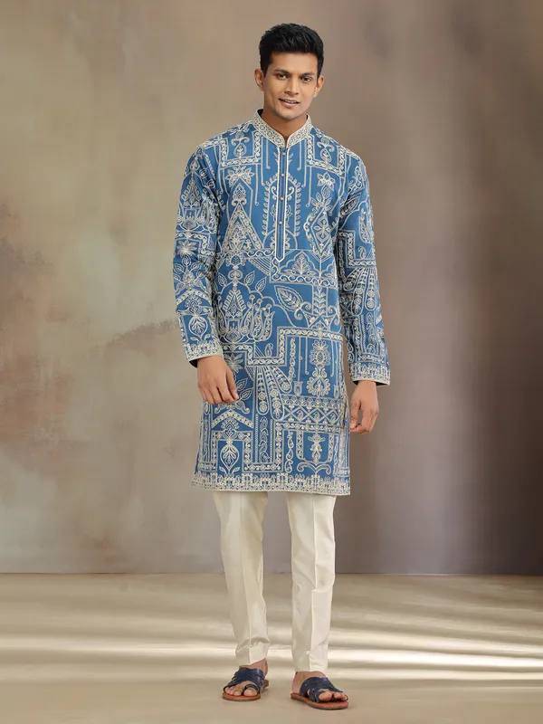 Blue premium silk kurta suit with thread embroidery
