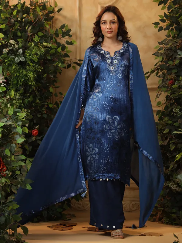 Blue silk kurti set with print