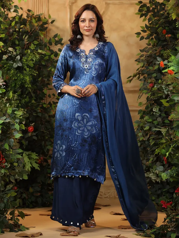 Blue silk kurti set with print