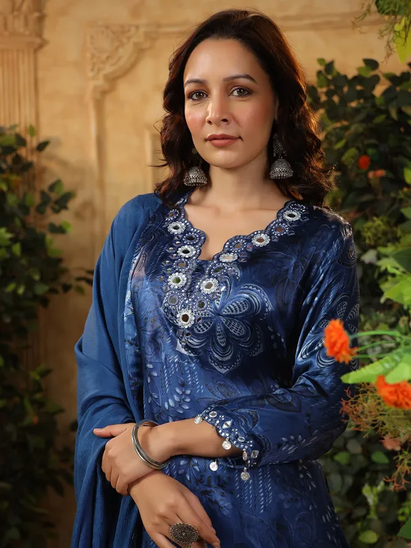 Blue silk kurti set with print