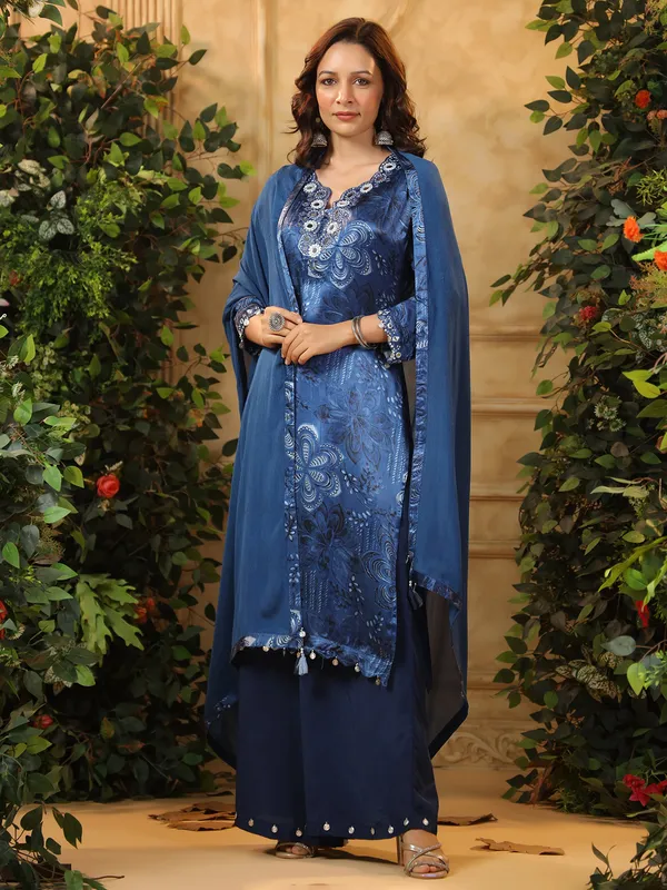 Blue silk kurti set with print