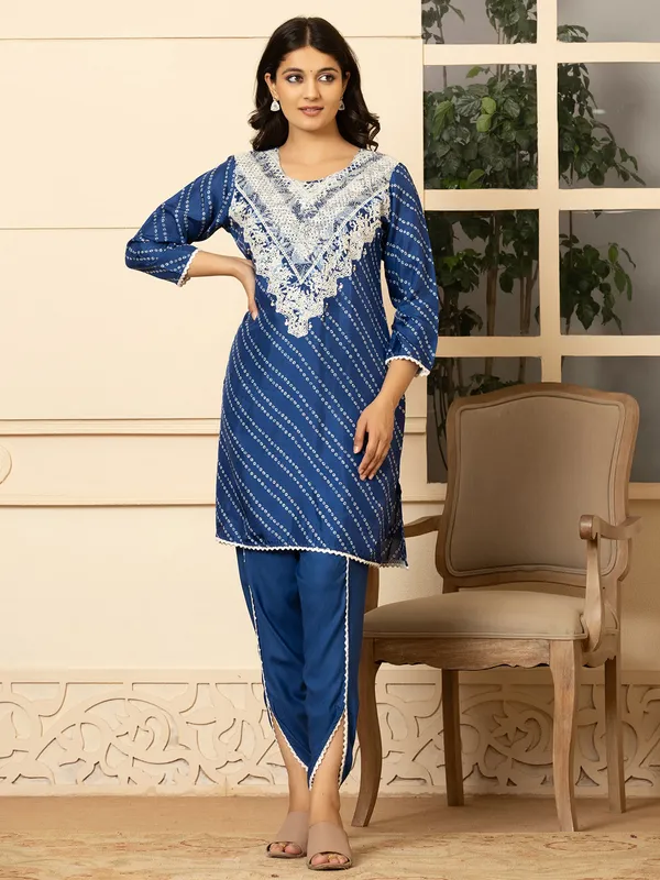 Blue silk kurti set with print for women