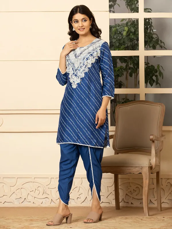Blue silk kurti set with print for women