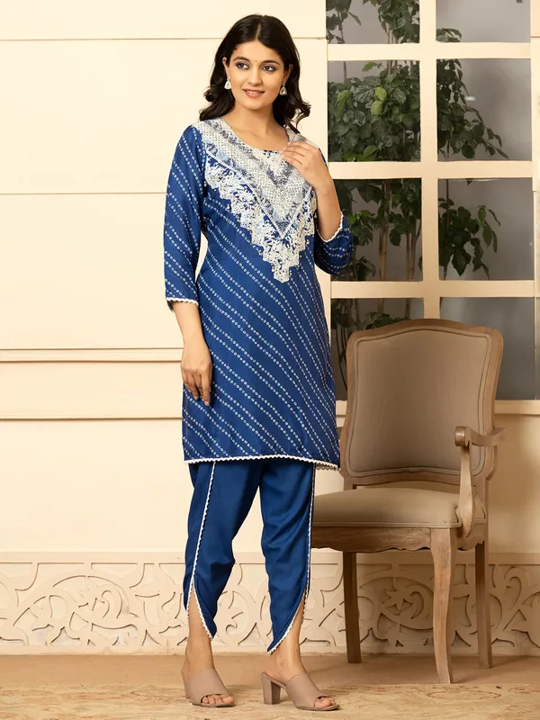 Blue silk kurti set with print for women