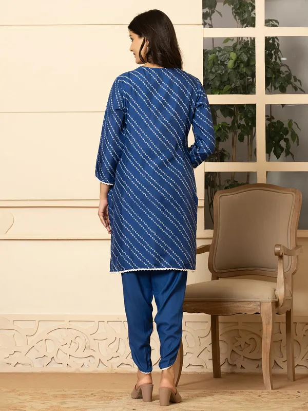 Blue silk kurti set with print for women