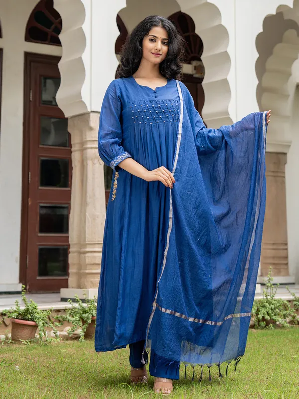 Blue silk kurti set with resham work
