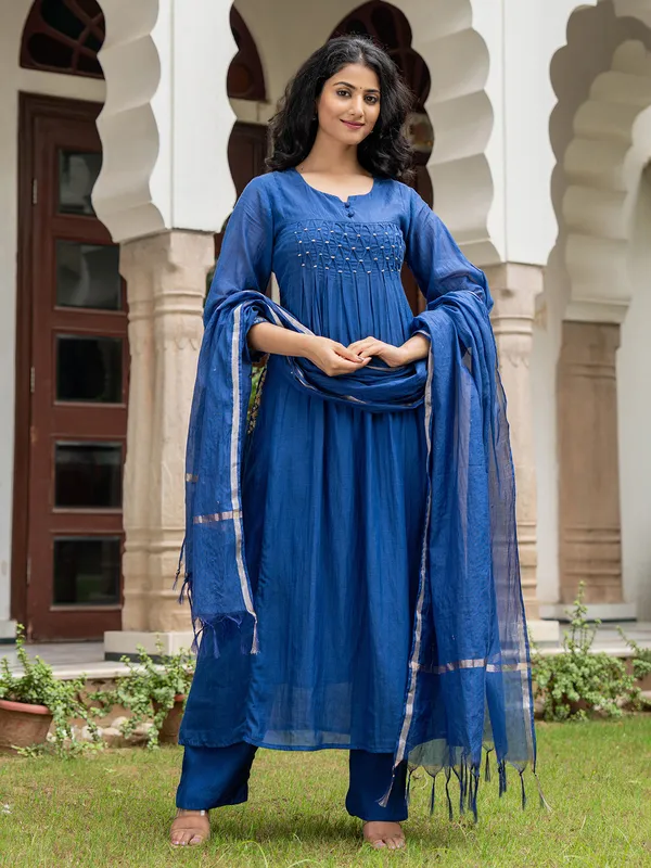 Blue silk kurti set with resham work