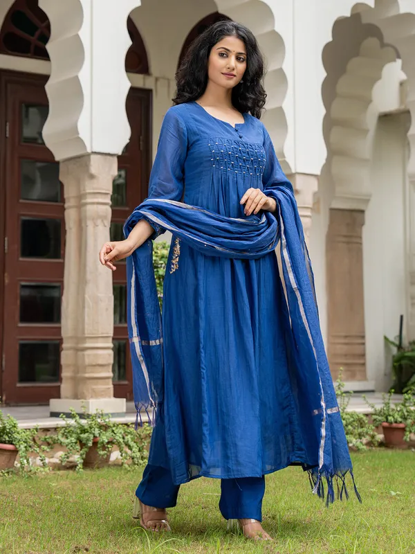 Blue silk kurti set with resham work