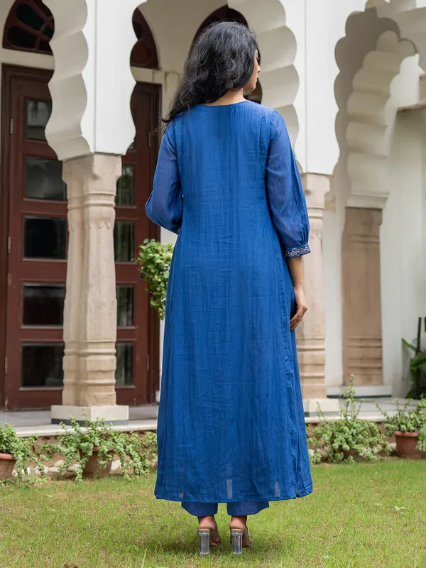 Blue silk kurti set with resham work