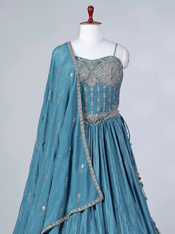 Blue silk lehenga choli with diamond embellishments