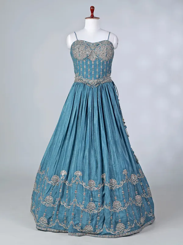 Blue silk lehenga choli with diamond embellishments