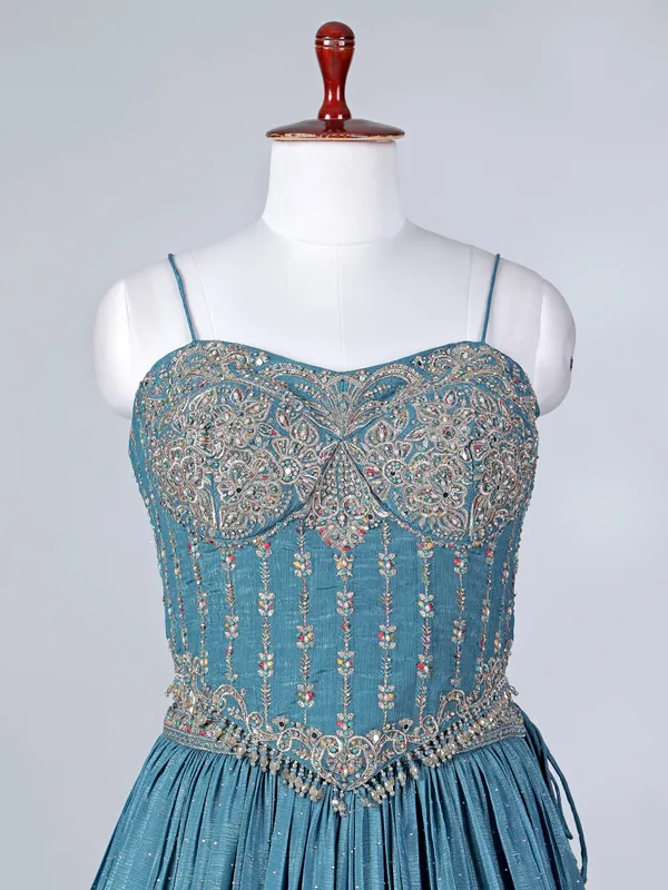 Blue silk lehenga choli with diamond embellishments