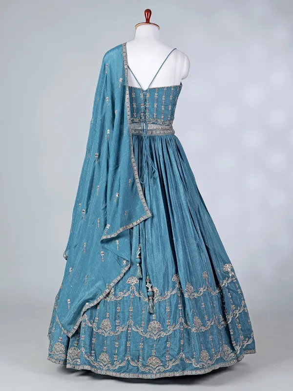 Blue silk lehenga choli with diamond embellishments