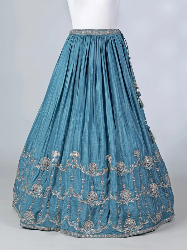 Blue silk lehenga choli with diamond embellishments