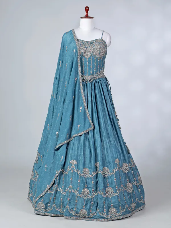 Blue silk lehenga choli with diamond embellishments