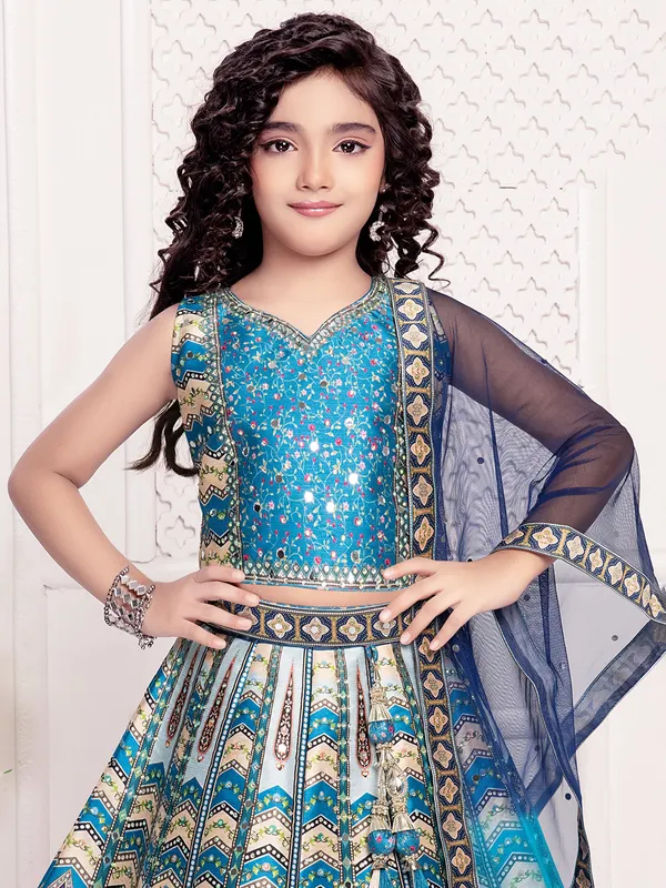Blue silk lehenga choli with ethnic print