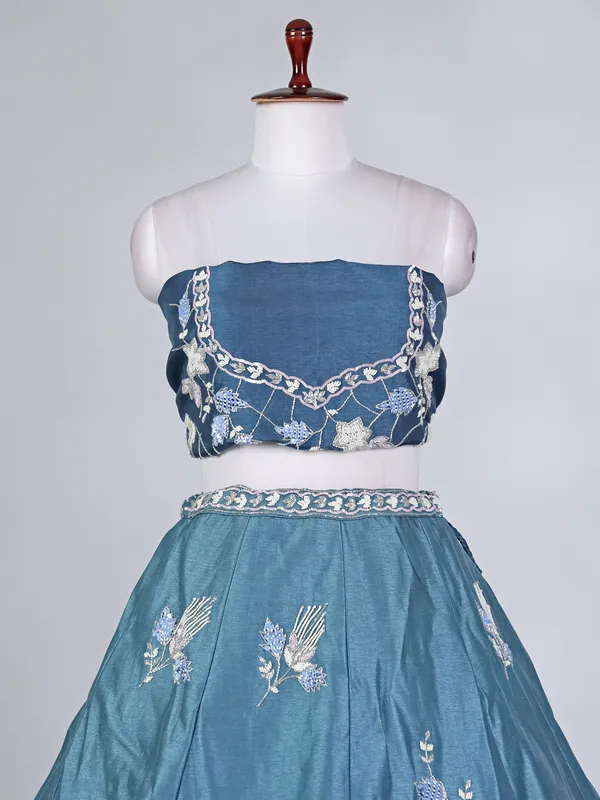 Blue silk lehenga choli with zardosi and beads work