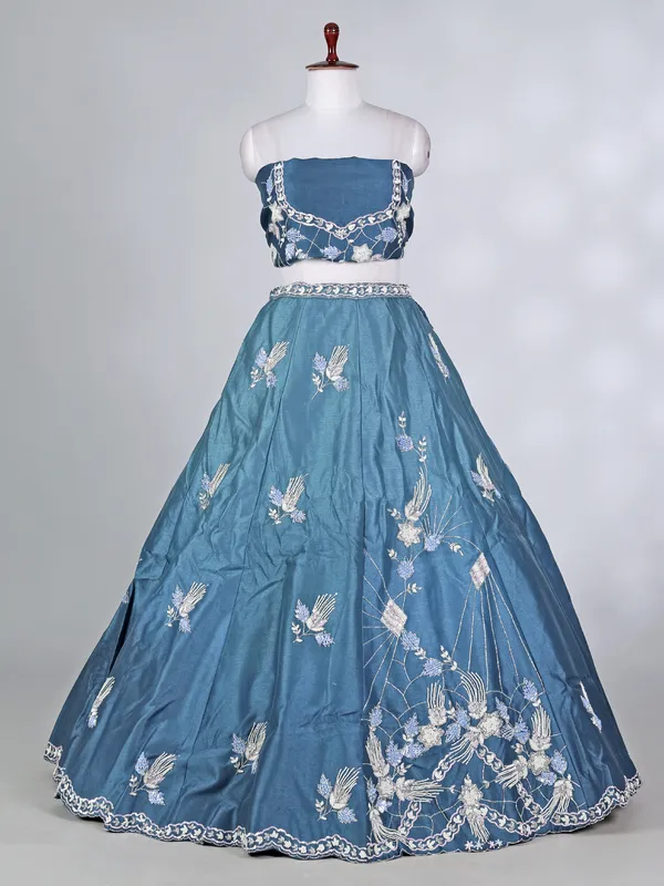 Blue silk lehenga choli with zardosi and beads work