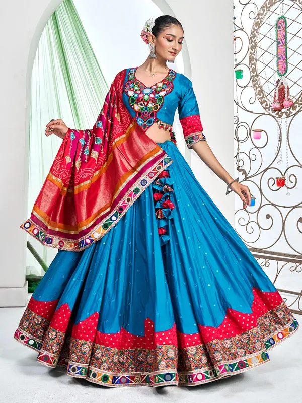 Blue silk navratri lehenga choli with red dupatta