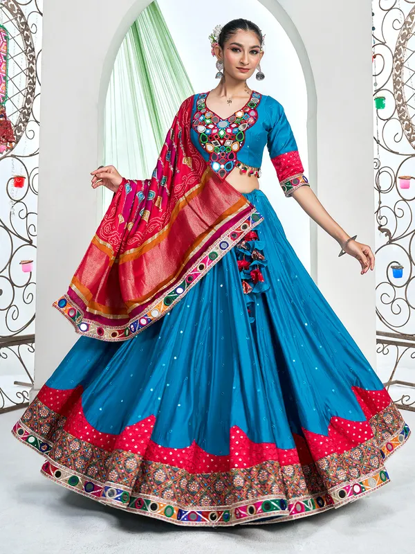 Blue silk navratri lehenga choli with red dupatta