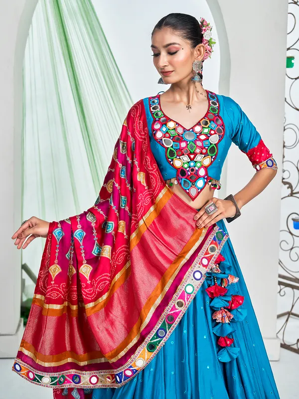 Blue silk navratri lehenga choli with red dupatta
